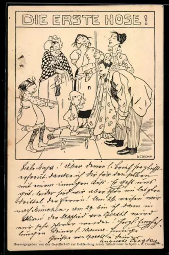 Künstler-AK B. Czegka: Kleinkind beim Schneider