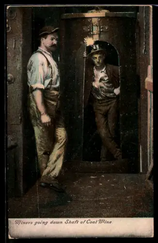 AK Miners going down Shaft of Coal Mine, Bergbau
