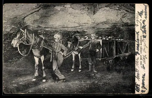 AK Zwei Arbeiter im Bergbau mit Eselswagen