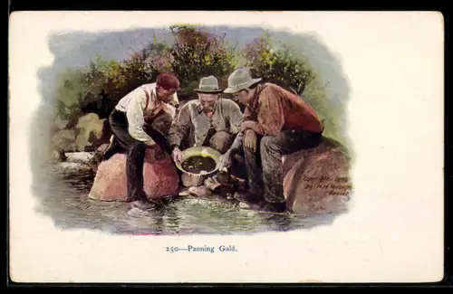AK Goldsucher mit Sieb sitzen am Flussufer
