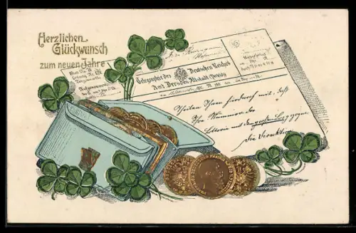 AK Neujahrsgruss, Börse mit Münz-Geld, Glücksklee