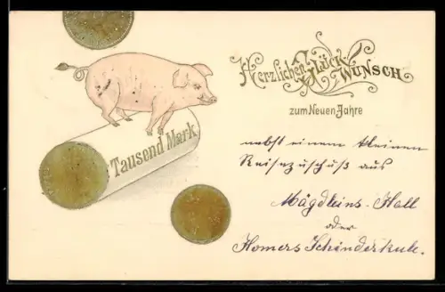AK Münzrolle mit Tausend Mark, Glücksschwein, Neujahrsgrüsse
