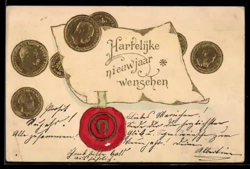 Präge-AK Urkunde mit Siegel und Goldmünzen