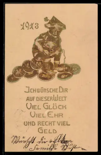 AK kleiner Junge sitzt auf Geldstücken, Jahreszahl 1911
