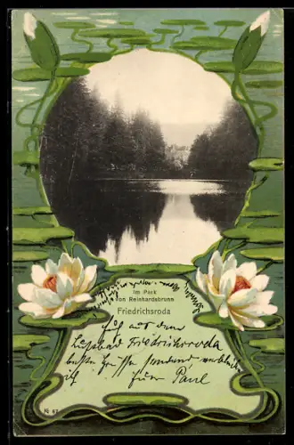 Lithographie Friedrichroda, Blick über den See auf Anwesen