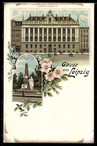 Lithographie Leipzig, Grassi-Museum, Grassi-Denkmal