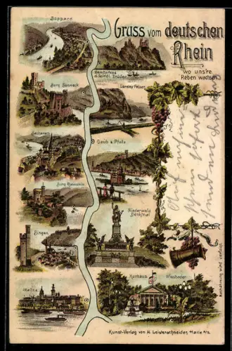 Lithographie Wiesbaden, Blick auf das Kurhaus, Boppard aus der Vogelschau, Burg Sonneck, Verlauf des Rheins