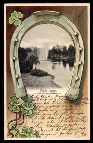 AK Essen /Ruhr, Partie aus dem Stadtgarten, Hufeisen-Passepartout