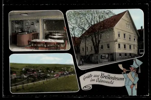 AK Breitenbrunn im Odenwald, Gasthaus Kur Krone, Innenansicht, Ortsansicht vom Berghang aus