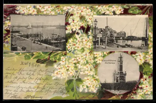 AK Kiel, Handelshafen vom Eisenbahndamm aus gesehen, Seegarten und Anlegerbrücken, Leuchtturm Holtenau, Blumen