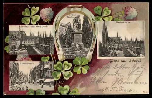 Passepartout-AK Lübeck, Sandstrasse, Marienkirche, Rathaus & Marktplatz, Hufeisen und Kleeblätter