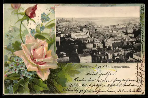 Passepartout-Lithographie Flensburg, Teilansicht aus der Vogelschau, Rosen