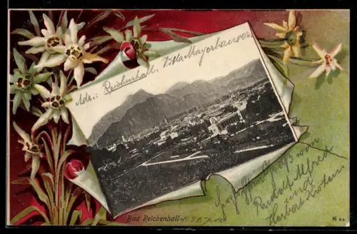 Lithographie Bad Reichenhall, Ortsansicht gegen die Berge, Passepartout mit Edelweiss