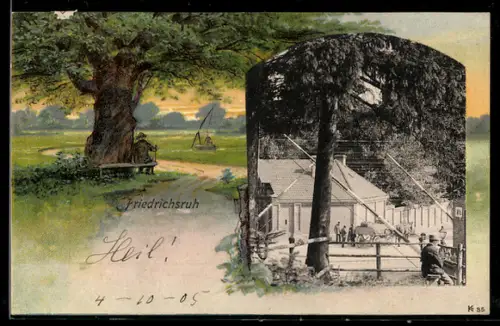 Lithographie Friedrichsruh, Strassenpartie, Landschaftsansicht