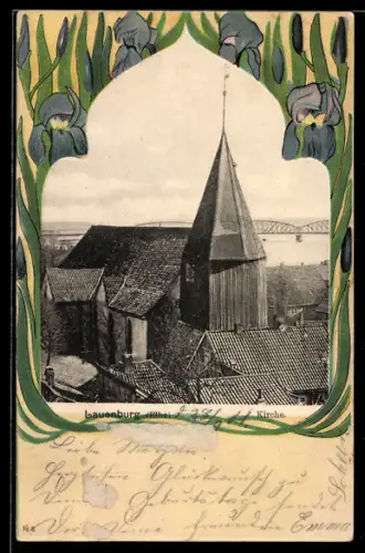Lithographie Lauenburg /Elbe, Kirche aus der Vogelschau, Lilien-Passepartout