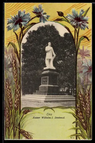 Lithographie Ems, Kaiser Wilhelm I. Denkmal, Passepartout mit Kornblumen u. Ähren