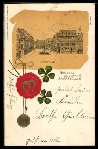Präge-Lithographie St. Johann-Saarbrücken, Marktplatz, Goldene Kette mit Siegel und Glücksbringern