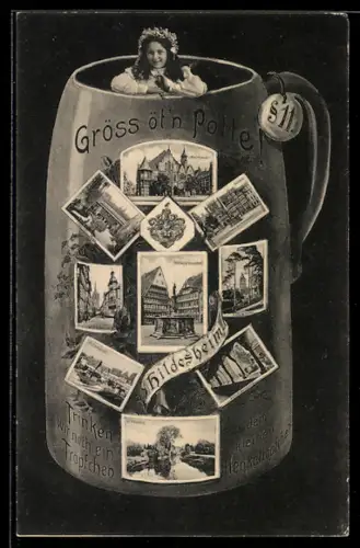 Grusskarten-AK Hildesheim, Rathaus, Markt, Andreasplatz und Rolandbrunnen auf Bierkrug