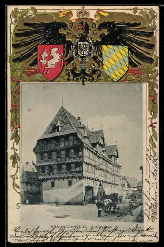 Passepartout-Lithographie Braunschweig, Alte Waage, Wappen, Reichsadler