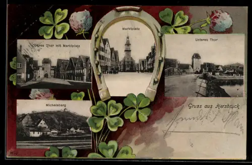 Lithographie Hersbruck, Oberes Thor mit Marktplatz, Unteres Thor, Hufeisen-Passepartout mit Glücksklee