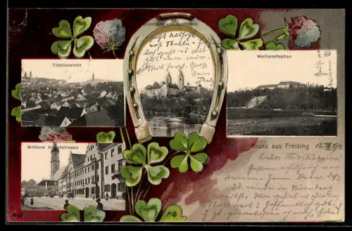 Passepartout-Lithographie Freising, Domberg und Seminare, Mittlere Hauptstrasse, Weihenstephan, Hufeisen und Glücksklee