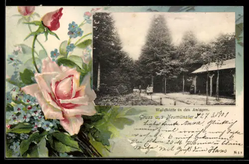 Lithographie Neumünster, Gasthaus zur Waldhütte in den Anlagen, Rose