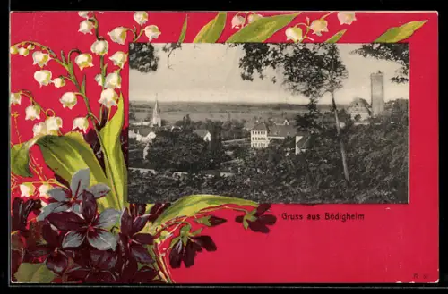 Lithographie Bödigheim, Ortsansicht mit Turm, Maiglöckchen