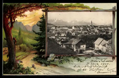 Passepartout-AK Traunstein, Blick über die Dächer