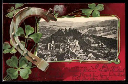 Passepartout-AK Lindenfels i. O., Totalansicht, Hufeisen & Klee