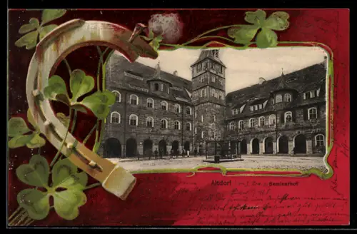 Lithographie Altdorf, Seminarhof, Hufeisen, Glücksklee