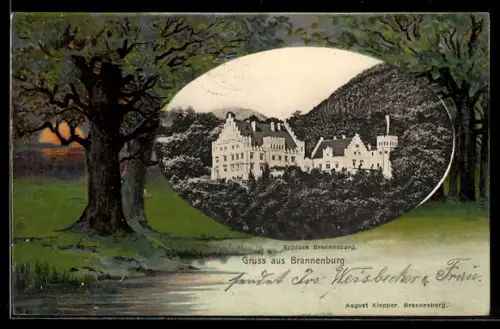 Lithographie Brannenburg, Schloss, Flusspartie mit Abendsonne