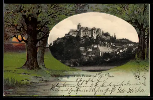Passepartout-Lithographie Pössneck, Ortsansicht mit Ranis, Abend-Idylle