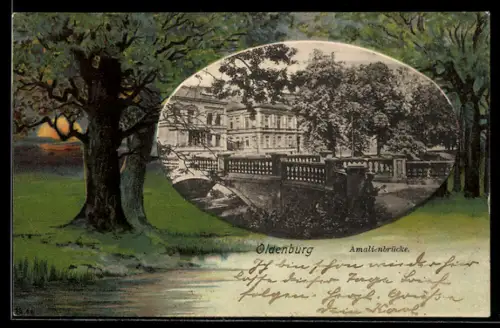 Lithographie Oldenburg, Amalienbrücke, Flusspartie mit Abendsonne