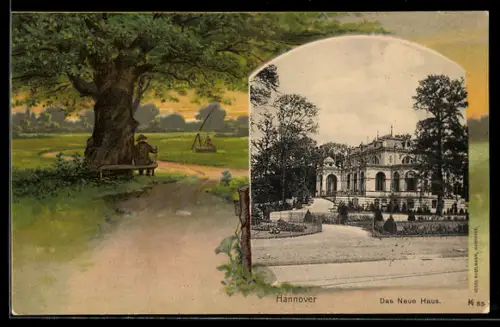 Lithographie Hannover, Landschaftspanorama und Neues Haus