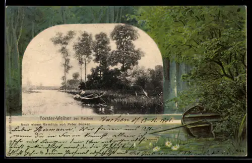 Lithographie Aachen, Forster-Weiher mit Bootspartie, Flusspartie mit Kahn