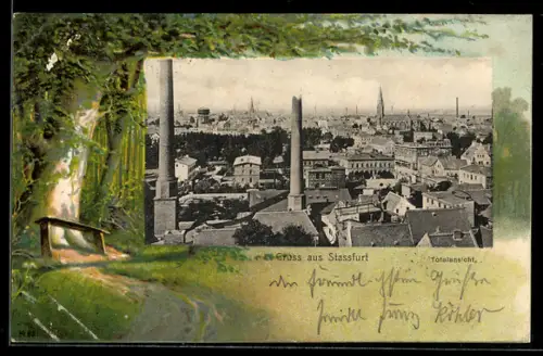 Lithographie Stassfurt, Totalansicht mit Fabrikschloten, Wanderweg mit Bank