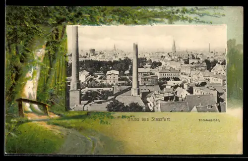 Lithographie Stassfurt, Totalansicht aus der Vogelschau, Wanderweg mit Baum