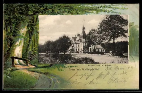 Lithographie Hamburg-Wellingsbüttel, Gaststätte Waldhof W. Randel, Wanderweg mit Baum