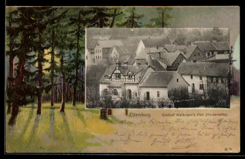 Lithographie Ettersburg, Gasthof Waidmanns Heil, Vorderseite u. Ort aus der Vogelschau, Waldlichtung