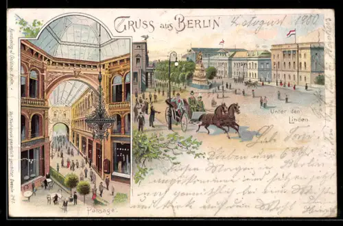 Lithographie Berlin, Kutsche Unter den Linden, Passage