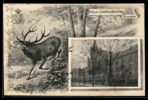 AK Berlin-Gr. Lichterfelde, Kaserne des Garde-Schützenbataillon, Röhrender Hirsch, Wappen