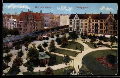 AK Berlin-Charlottenburg, Savignyplatz mit Hochbahn aus der Vogelschau