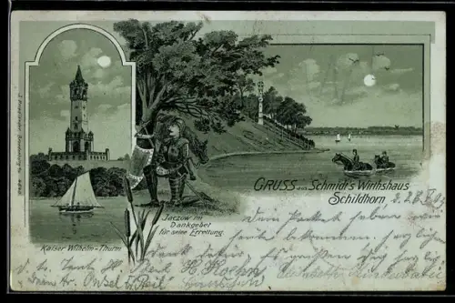 Mondschein-Lithographie Berlin-Grunewald, Schildhorn, Jaczow im Dankgebet, Kaiser Wilhelm-Turm, bei Schmidts Wirtshaus