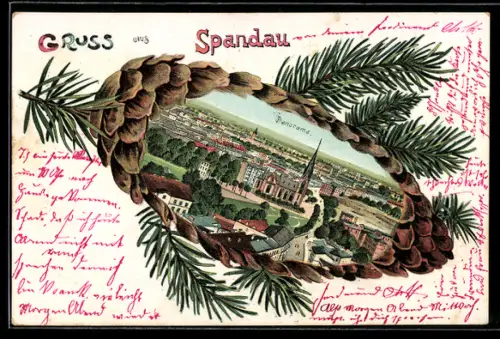 Passepartout-Lithographie Berlin-Spandau, Ortspanorama aus der Vogelschau, Tannenzapfen-Passepartout