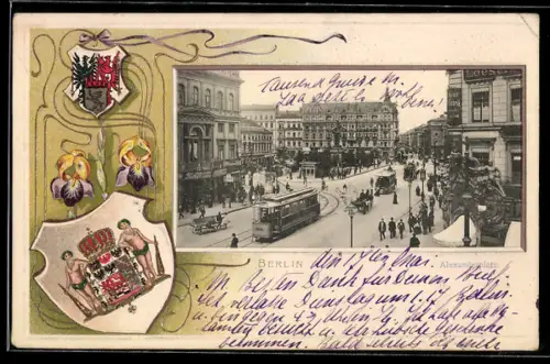 Passepartout-Lithographie Berlin, Alexanderplatz mit Strassenbahn, Wappen