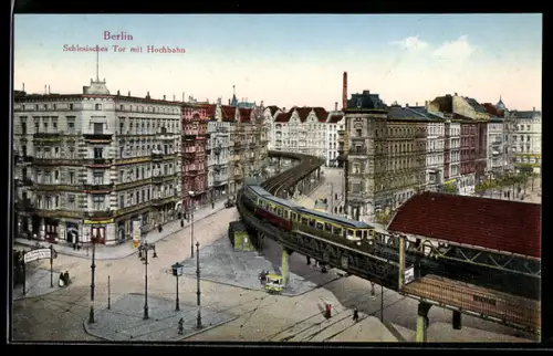 AK Berlin-Kreuzberg, Hochbahnhof Schlesisches Tor mit Strassen aus der Vogelschau