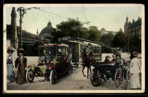 AK Berlin-Schöneberg, Am Nollendorfplatz mit Hochbahn und Autobus