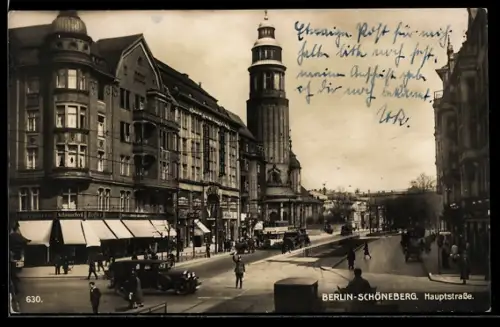 AK Berlin-Schöneberg, Hauptstrasse, Kreuzung mit Geschäften und Turmgebäude