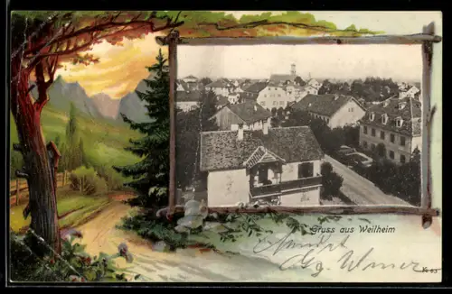 Lithographie Weilheim, Teilansicht aus der Vogelschau, Landstrasse mit Bildstock