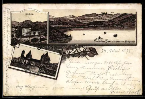 Lithographie Maria Laach, Laacher See, Hotel, Klosterkirche, Seepartie mit Ortspanorama